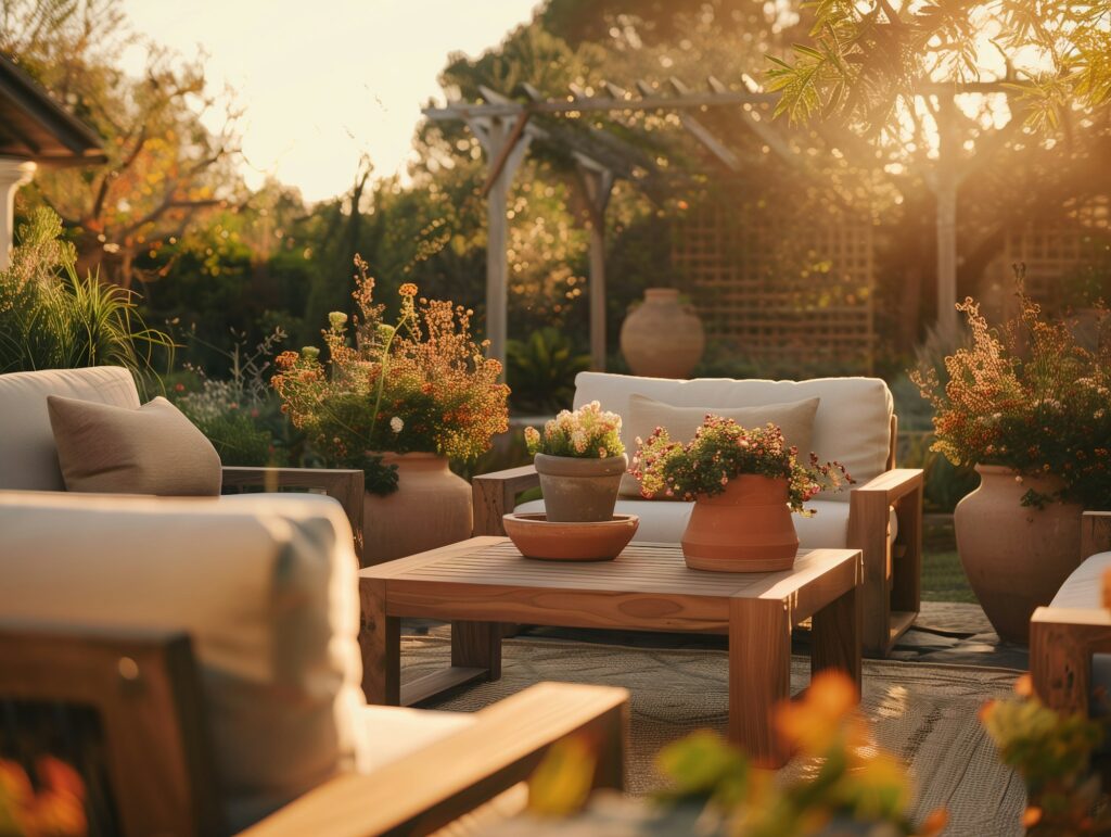 Patio with outdoor furniture and potted flowers in a garden setting